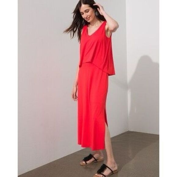 Chicos Women’s Size 3 Popover Solid Maxi Dress Red Sleeveless V Neck Slit - Picture 1 of 12